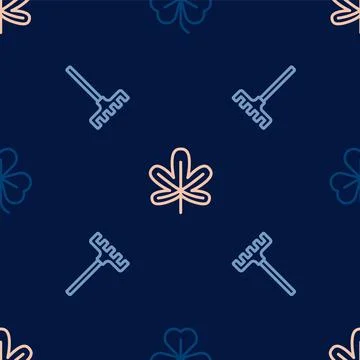 Set line Clover, Garden rake and Chestnut leaf on seamless pattern. Vector Illustrazione stock