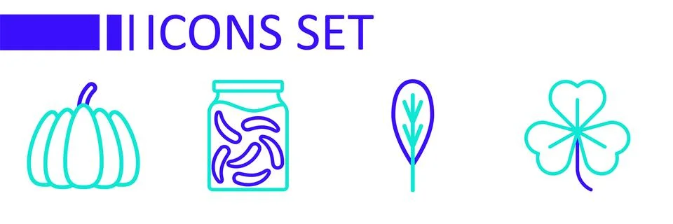 Set line Clover, Leaf, Pickled cucumbers in jar and Pumpkin icon. Vector Stock Illustration