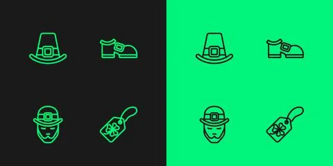 Set line Clover trefoil leaf with tag, Leprechaun, hat and boot icon. Vector Stock Illustration
