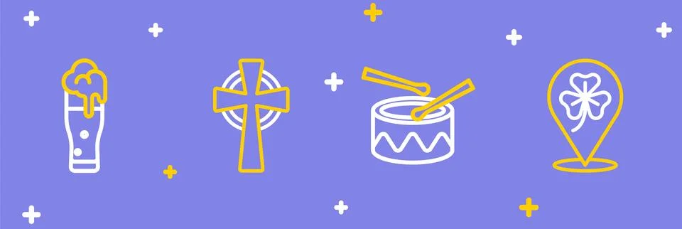 Set line Clover trefoil leaf, Drum with drum sticks, Celtic cross and Glass.. Stock Illustration
