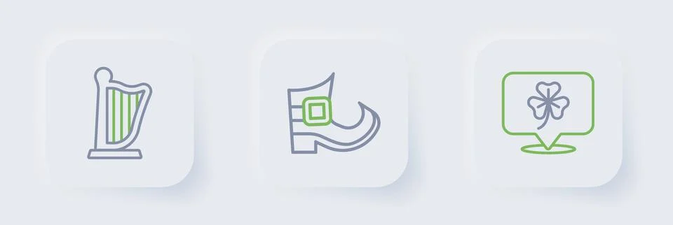Set line Clover trefoil leaf, Leprechaun boot and Harp icon. Vector Stock Illustration