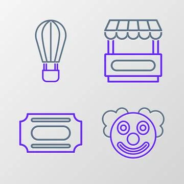 Set line Clown head, Circus ticket, Fast street food cart and Hot air ballo.. Stock Illustration
