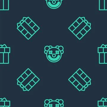 Set line Clown head, Gift box and  on seamless pattern. Vector Illustrazione stock