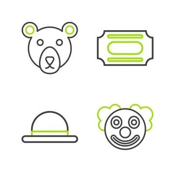 Set line Clown head, hat, Circus ticket and Bear icon. Vector Stock Illustration