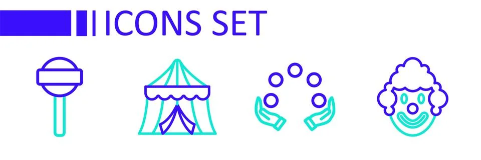 Set line Clown head, Juggling ball, Circus tent and Lollipop icon. Vector Illustrazione stock