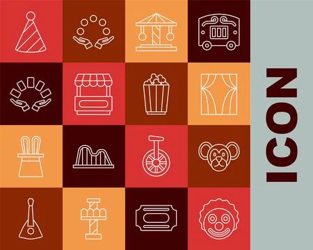 Set line Clown head, Monkey, Circus curtain raises, Attraction carousel, Fast Stock Illustration