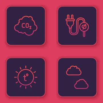 Set line CO2 emissions in cloud, Sun, Electric saving plug leaf and Cloud. Blue Illustrazione stock