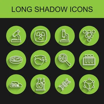 Set line CO2 emissions in cloud, Test tube flask stand, Microscope, DNA symbol Illustrazione stock