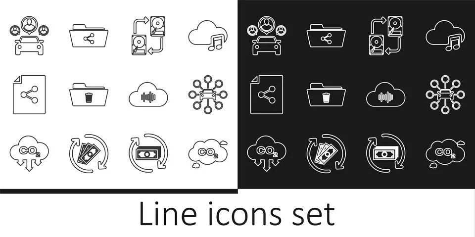 Set line CO2 emissions in cloud, Car sharing, Data exchange with hhd, Delete Stock Illustration