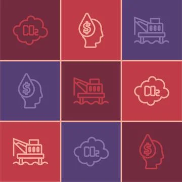 Set line CO2 emissions in cloud, Oil platform the sea and drop with dollar Stock Illustration