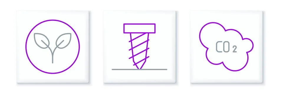 Set line CO2 emissions in cloud, Bio fuel and Rotating drill digging a hole icon Stock Illustration