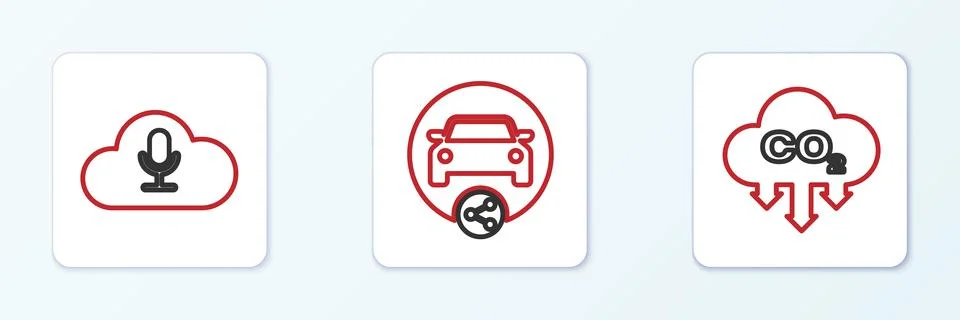 Set line CO2 emissions in cloud, Music streaming service and Car sharing icon 库存插图