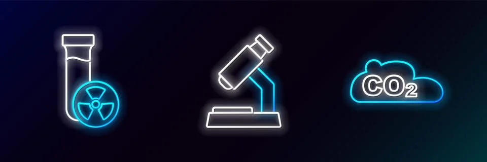 Set line CO2 emissions in cloud, Test tube with toxic liquid and Microscope icon イラスト素材