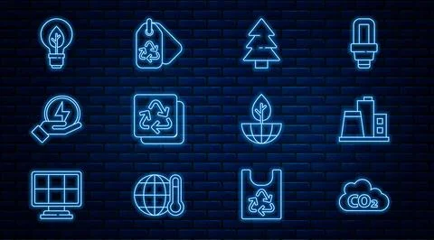 Set line CO2 emissions in cloud, Factory, Christmas tree, Recycle, Lightning Stock Illustration