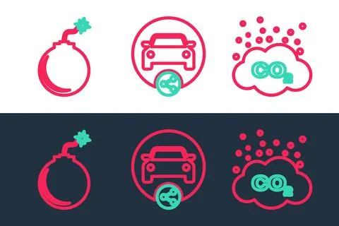 Set line CO2 emissions in cloud, Bomb ready to explode and Car sharing icon 스톡 일러스트