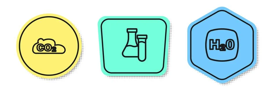 Set line CO2 emissions in cloud, Test tube and Chemical formula H2O. Colored Stock Illustration