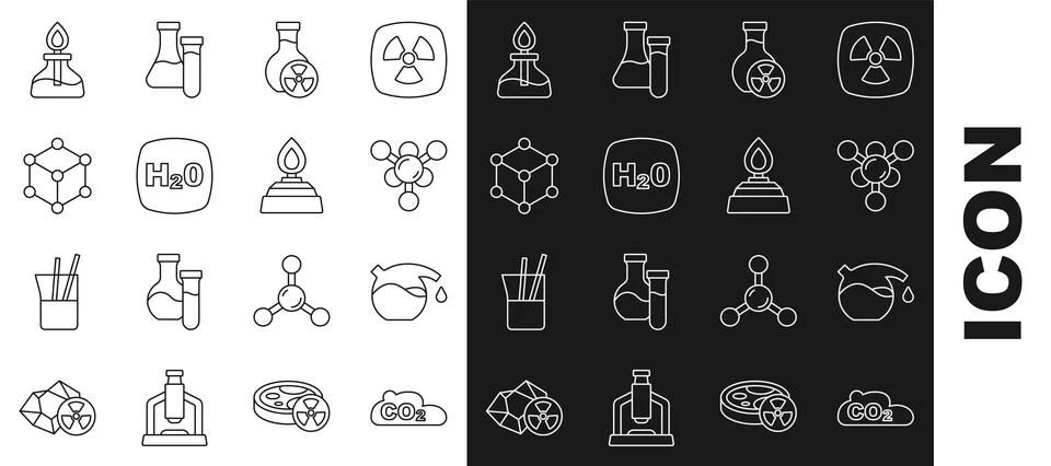 Set line CO2 emissions in cloud, Test tube, Molecule, with toxic liquid Stock Illustration