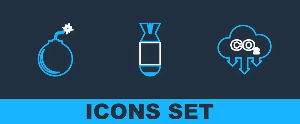 Set line CO2 emissions in cloud, Bomb ready to explode and Aviation bomb icon 스톡 일러스트