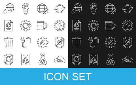 Set line CO2 emissions in cloud, Shield with leaf, Solar energy panel, Eart.. 库存插图