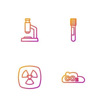 Set line CO2 emissions in cloud, Radioactive, Microscope and Test tube. Gra.. Stock Illustration