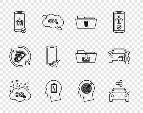 Set line CO2 emissions in cloud, Car sharing, Delete folder, Head with low .. Stock Illustration