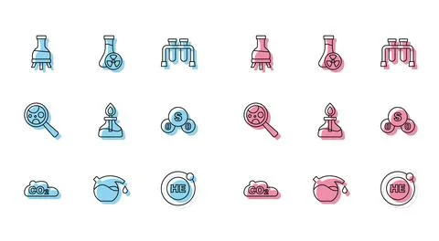 Set line CO2 emissions in cloud, Test tube, Helium, Alcohol or spirit burne.. イラスト素材