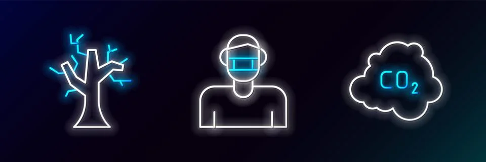 Set line CO2 emissions in cloud, Withered tree and Face protective mask ico.. Stock Illustration