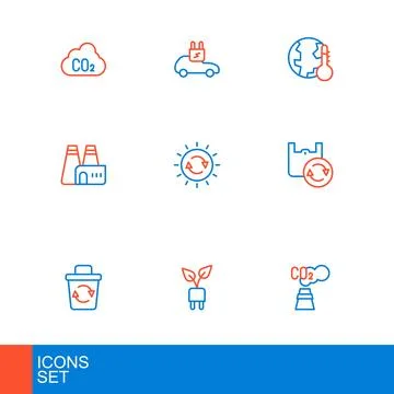 Set line CO2 emissions in cloud, Electric saving plug leaf, Recycle bin, Sh.. Ilustración de archivo