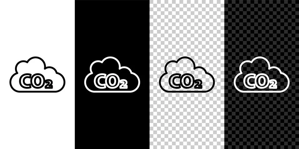 Set line CO2 emissions in cloud icon isolated on black and white background.  Stock Illustration
