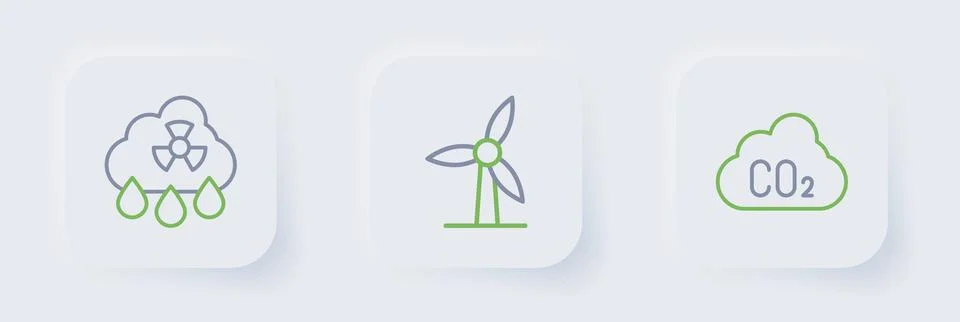 Set line CO2 emissions in cloud, Wind turbine and Acid rain radioactive ico.. Stock Illustration