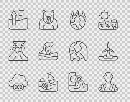 Set line CO2 emissions in cloud, High human body temperature, Global warmin.. Ilustração Stock