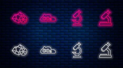 Set line CO2 emissions in cloud, Microscope, Radioactive and . Glowing neon.. Stockillustratie