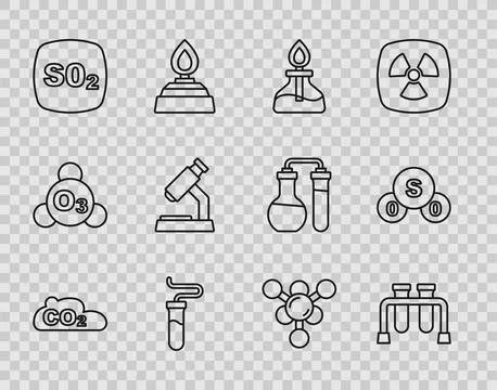 Set line CO2 emissions in cloud, Test tube, Alcohol or spirit burner, Sulfu.. イラスト素材