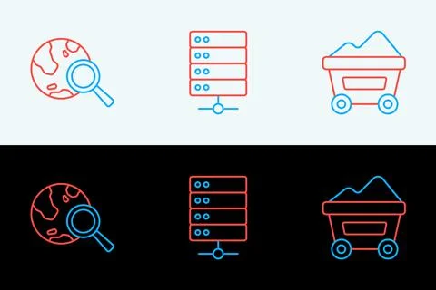 Set line Coal mine trolley, Search globe and Server icon. Vector Illustrazione stock