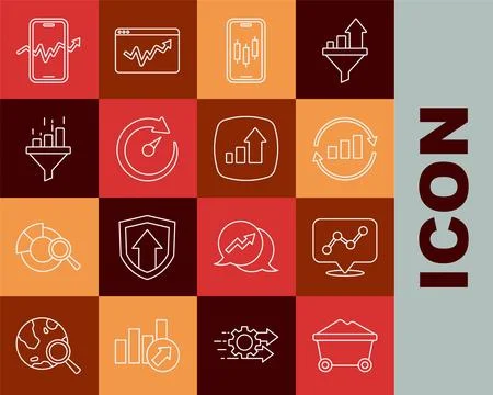 Set line Coal mine trolley, Graph chart infographic, Mobile stock trading, .. Illustrazione stock