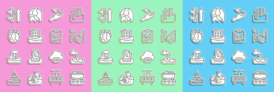 Set line Coal train wagon, Water problem, Car exhaust, Sprout hand, House flood Stock Illustration