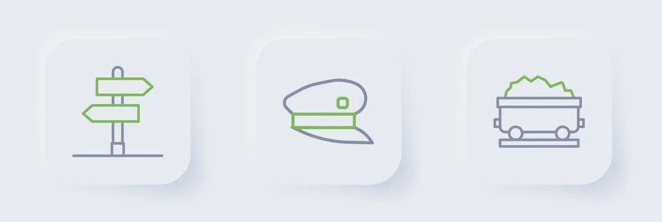 Set line Coal train wagon, Train driver hat and Road traffic sign icon. Vecto イラスト素材