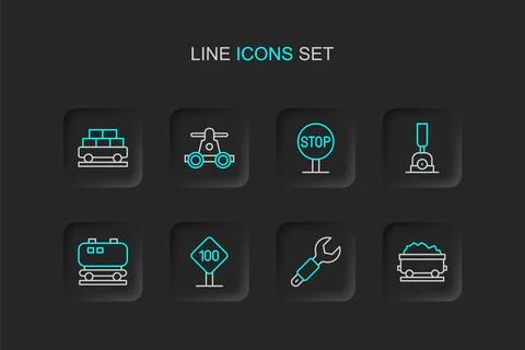 Set line Coal train wagon, Wrench spanner, Speed limit traffic sign 100 km,.. Stock Illustration