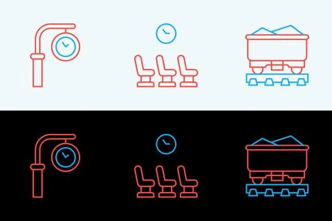 Set line Coal train wagon, Train station clock and Waiting room icon. Vector 스톡 일러스트