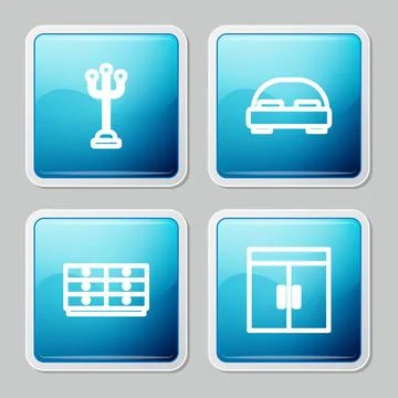Set line Coat stand, Big bed, Chest of drawers and Wardrobe icon. Vector 库存插图