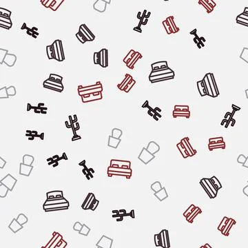 Set line Coat stand, Big bed, Table lamp and on seamless pattern. Vector Illustrazione stock