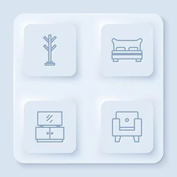 Set line Coat stand, Big bed, TV table and Armchair. White square button. Vector Stock Illustration