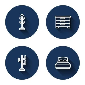 Set line Coat stand, Chest of drawers, and Big bed with long shadow. Blue circle Stock Illustration