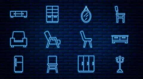 Set line Coat stand, Chest of drawers, Mirror, Armchair,  and Wardrobe icon.. Stock Illustration