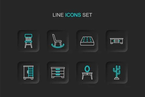 Set line Coat stand, Dressing table, Chest of drawers, Wardrobe, TV, Mattre.. Stock Illustration