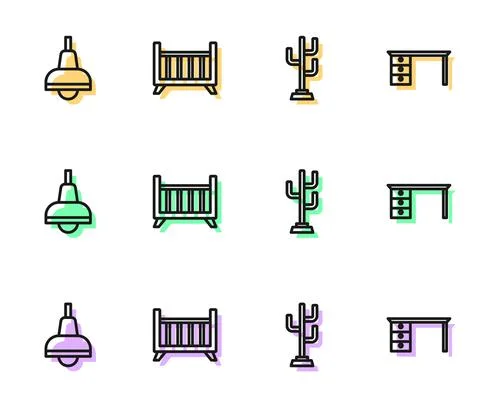 Set line Coat stand, Lamp hanging, Baby crib cradle bed and Office desk icon Stock Illustration