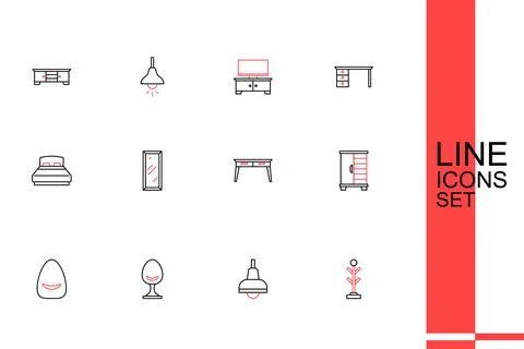 Set line Coat stand, Lamp hanging, Armchair, Pouf, Wardrobe, Office desk, B.. Stock Illustration