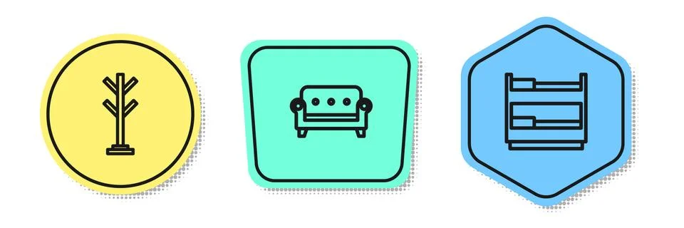 Set line Coat stand, Sofa and Bunk bed. Colored shapes. Vector Ilustração Stock