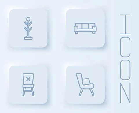 Set line Coat stand, Sofa, Chair and Armchair. White square button. Vector Stock Illustration