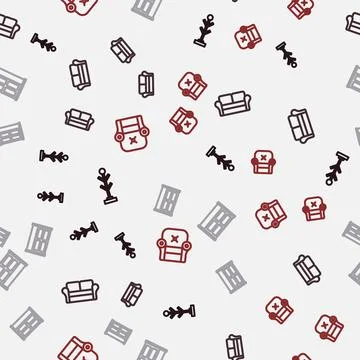 Set line Coat stand, Sofa, Wardrobe and Armchair on seamless pattern. Vector 스톡 일러스트